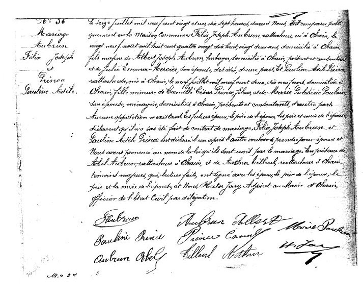 30 - 31 - acte de mariage - félix joseph aubrun et pauline adèle prince